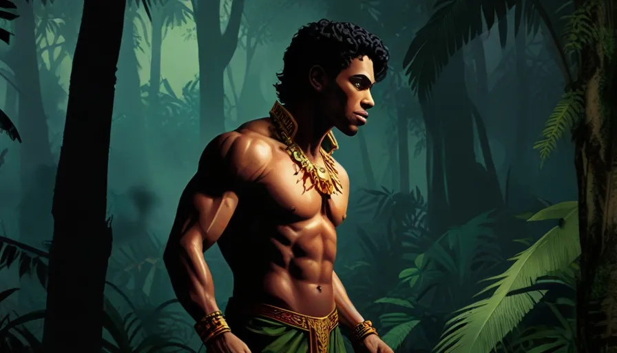 a painting of a man in the jungle