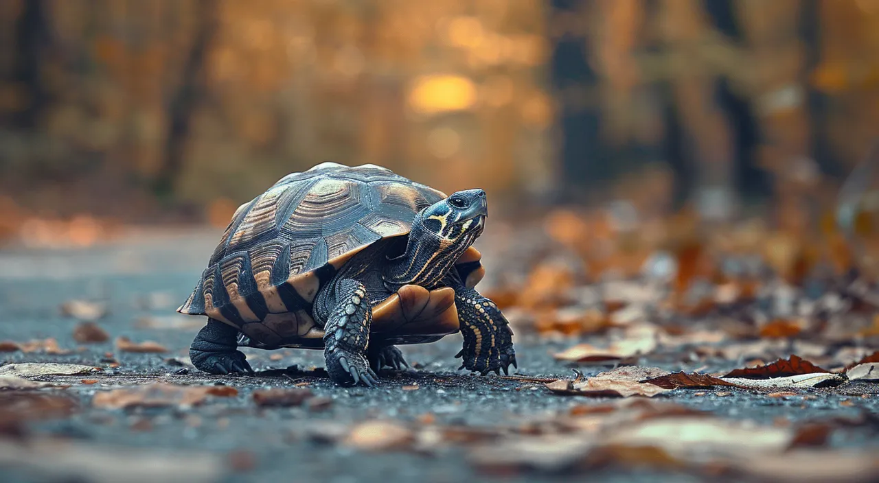 a small turtle sitting on top of a leaf covered ground run slowly