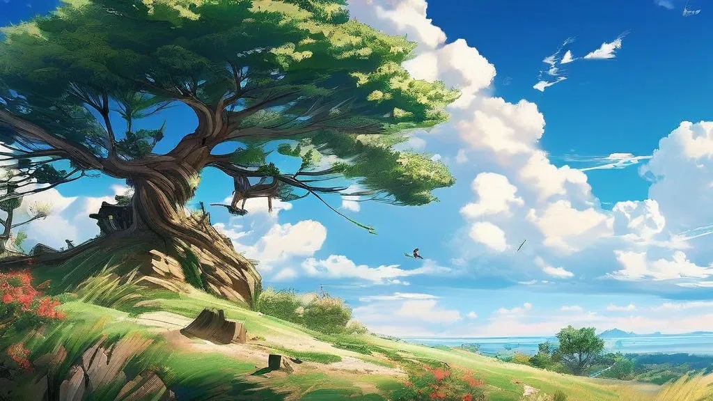 a painting of a tree in the middle of a field