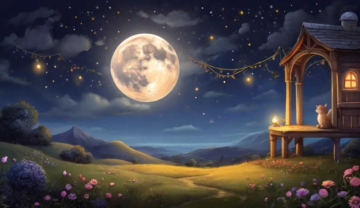 a painting of a cat sitting on a bench in front of a full moon.cartoon