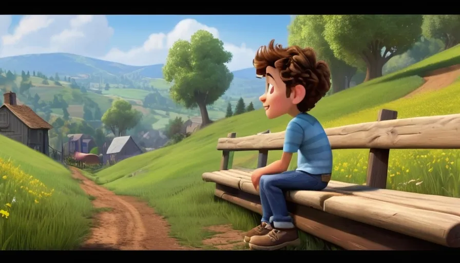 a boy sitting on a bench in a cartoon