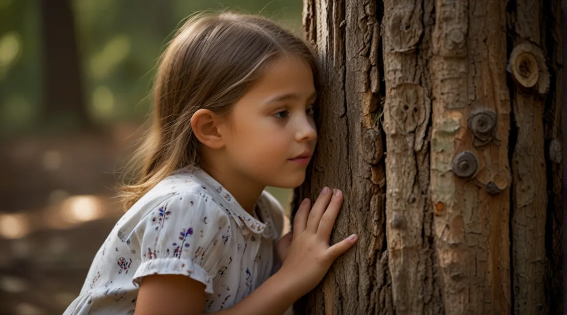 a little girl hugging a tree in the woods