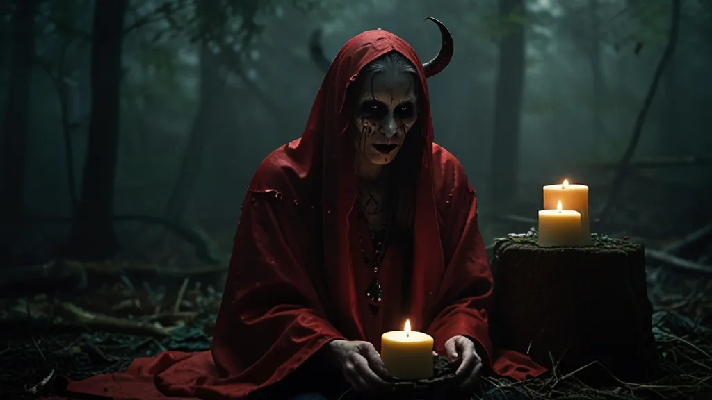 a person in a red robe sitting in the woods with a candle