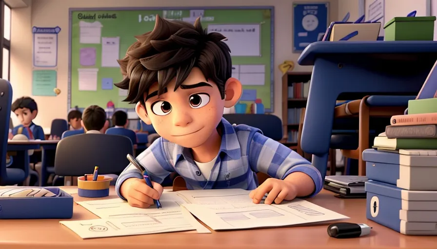 a young boy sitting at a desk in a classroom