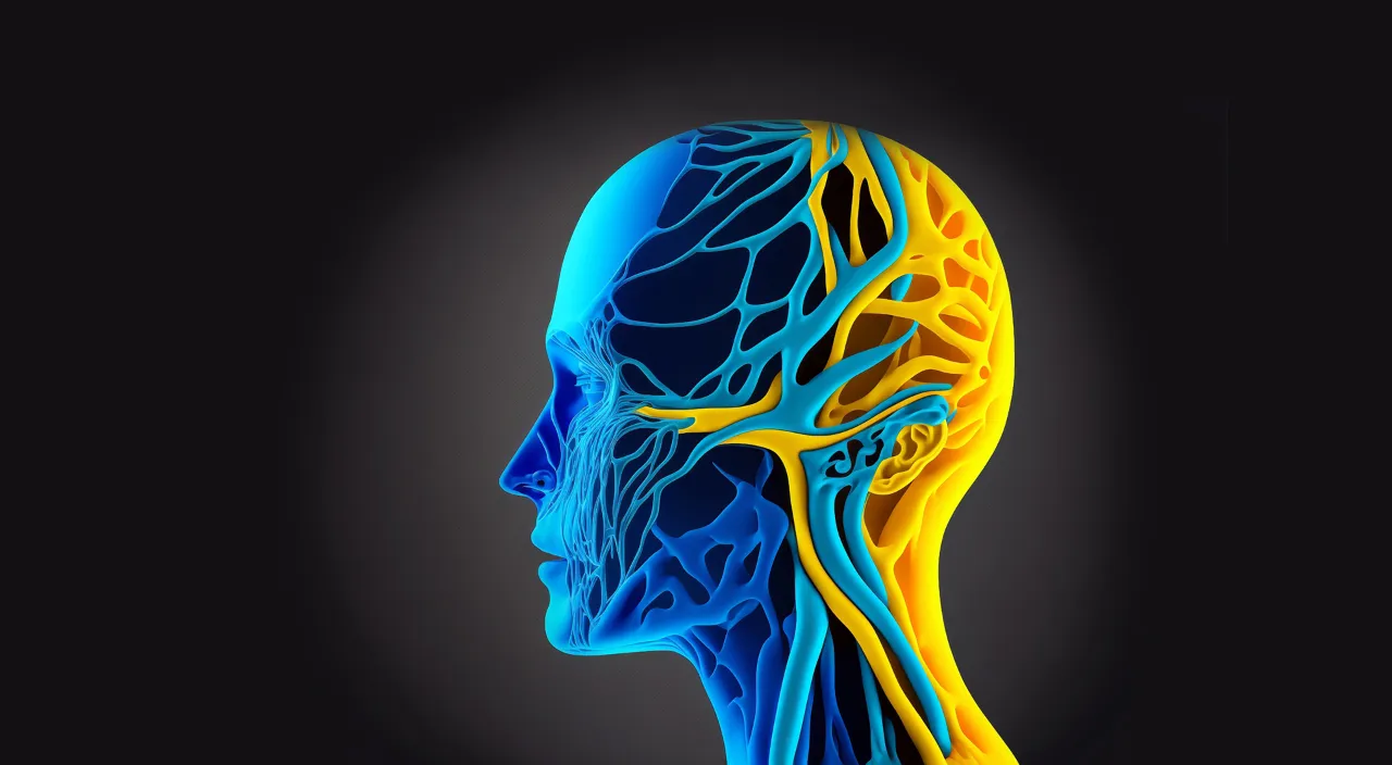 a human head with the growing wires system, flat background