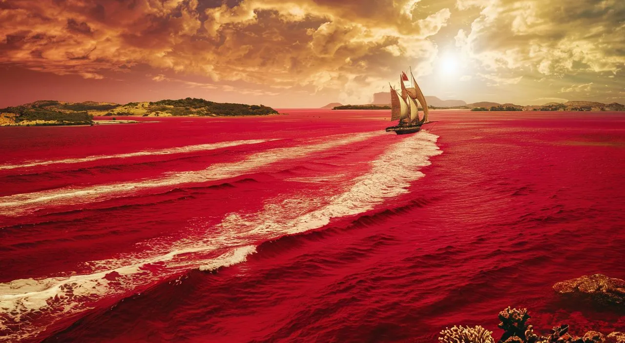 a boat is sailing on a red body of water