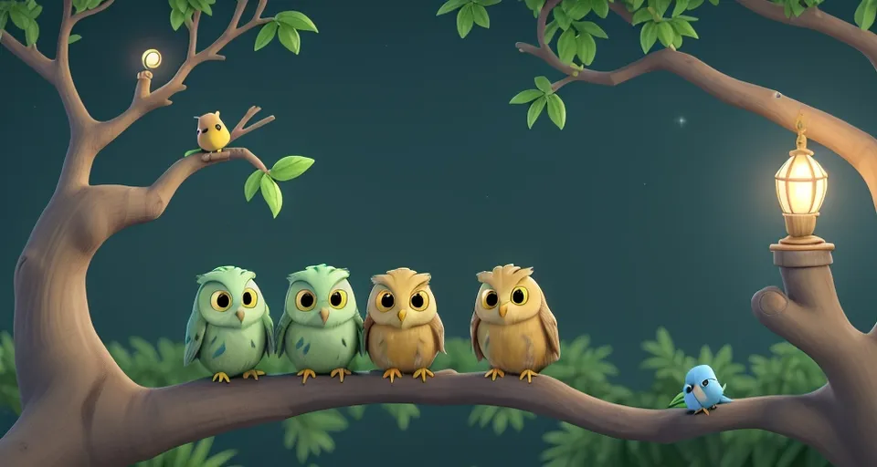 a group of owls sitting on top of a tree branch