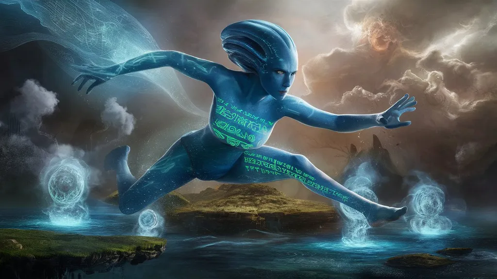 A mesmerizing scene from a high-quality dark sci-fi fantasy movie, featuring a blue alien entity with holographic ancient symbols projected onto her skin. She leaps from a floating island, surrounded by mystical waters that emit heavenly creations of pure thoughts. The atmosphere is filled with a blend of cosmic and ethereal elements, with floating clouds of consciousness and photorealistic intricate details. The overall effect is a breathtaking, cinematic masterpiece that captures the essence of the universe's highest level of knowledge and wonder.
