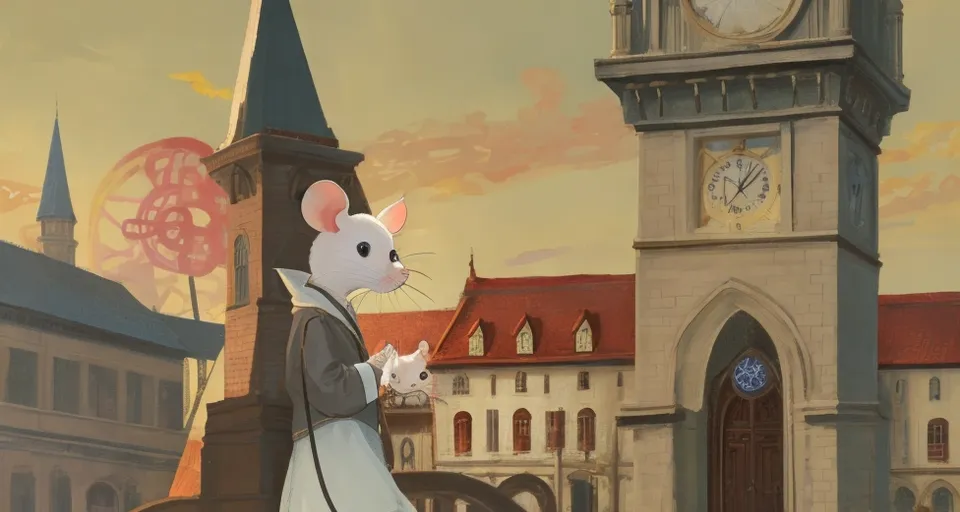 a mouse standing in front of a clock tower, 2d, ultra-detailed