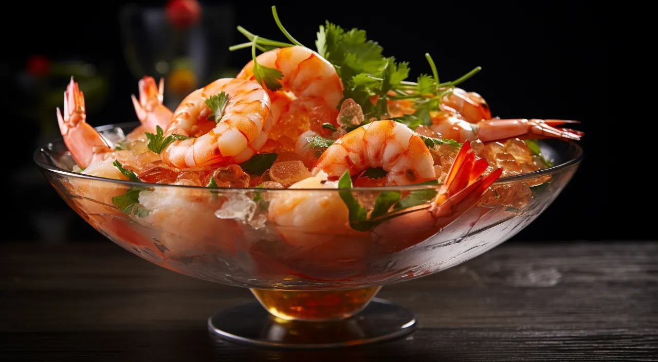 a glass bowl filled with shrimp and garnished with cilantro