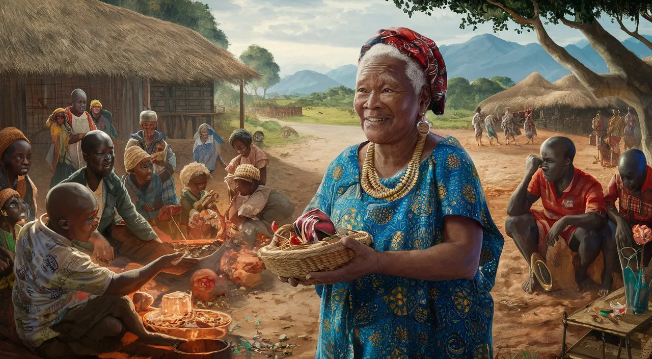 a painting of a woman holding a basket of food