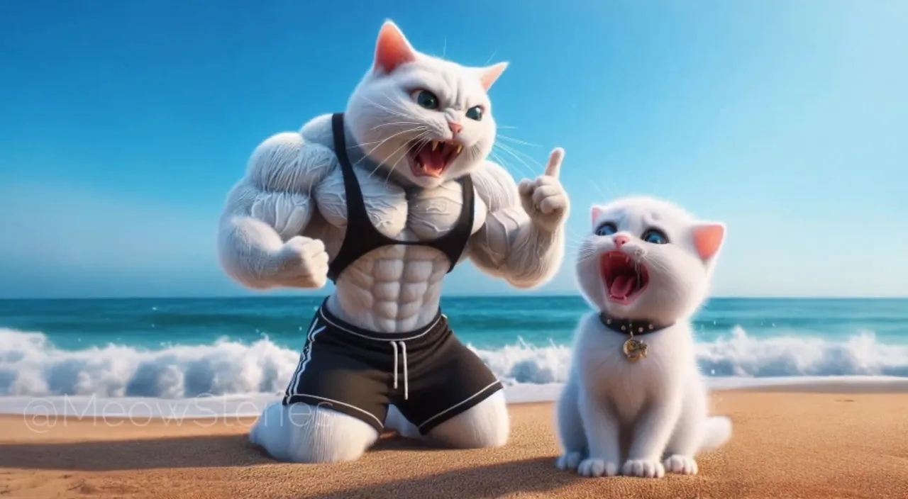 a white cat and a white cat are on the beach