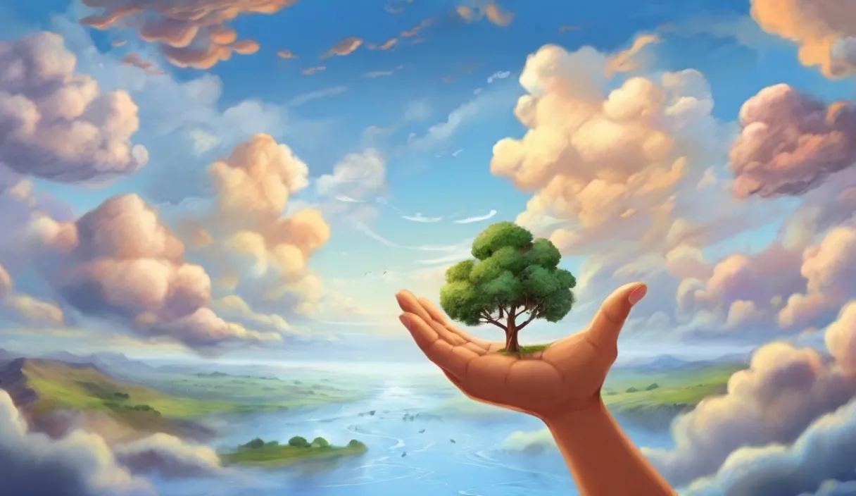 a painting of a hand holding a tree