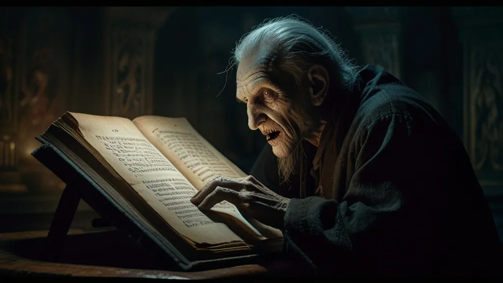 an old man reading a book in a dark room