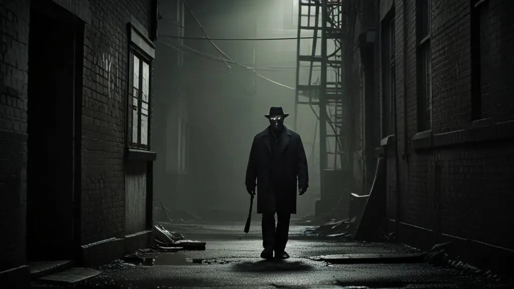 a man in a top hat and coat walking down a dark alleyway