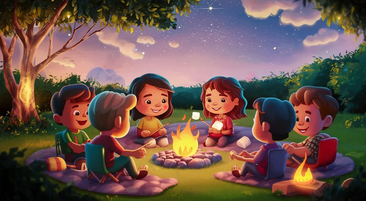 a group of children sitting around a campfire