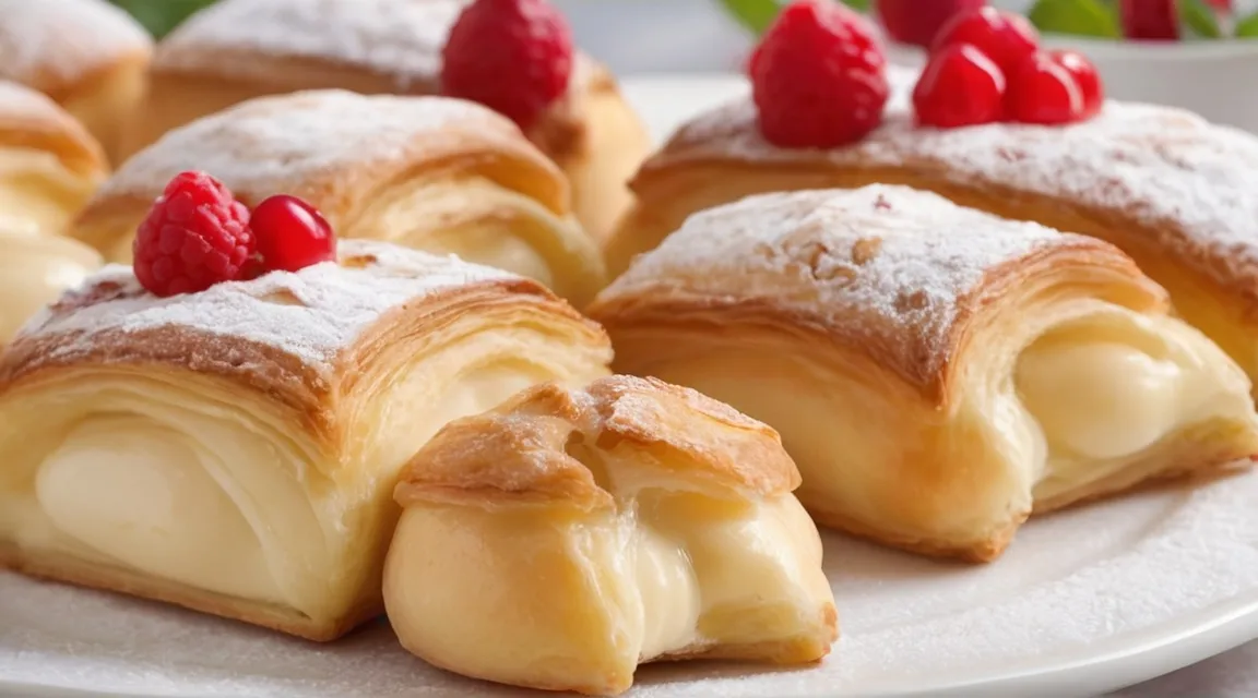 a white plate topped with pastries covered in powdered sugar,melted cream