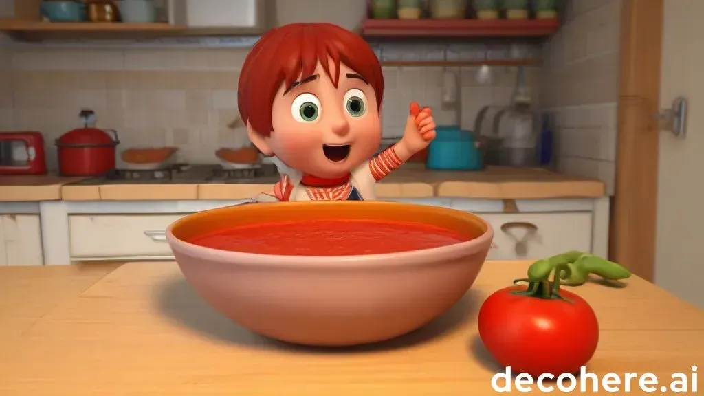 a bowl of tomato soup and a tomato on a counter