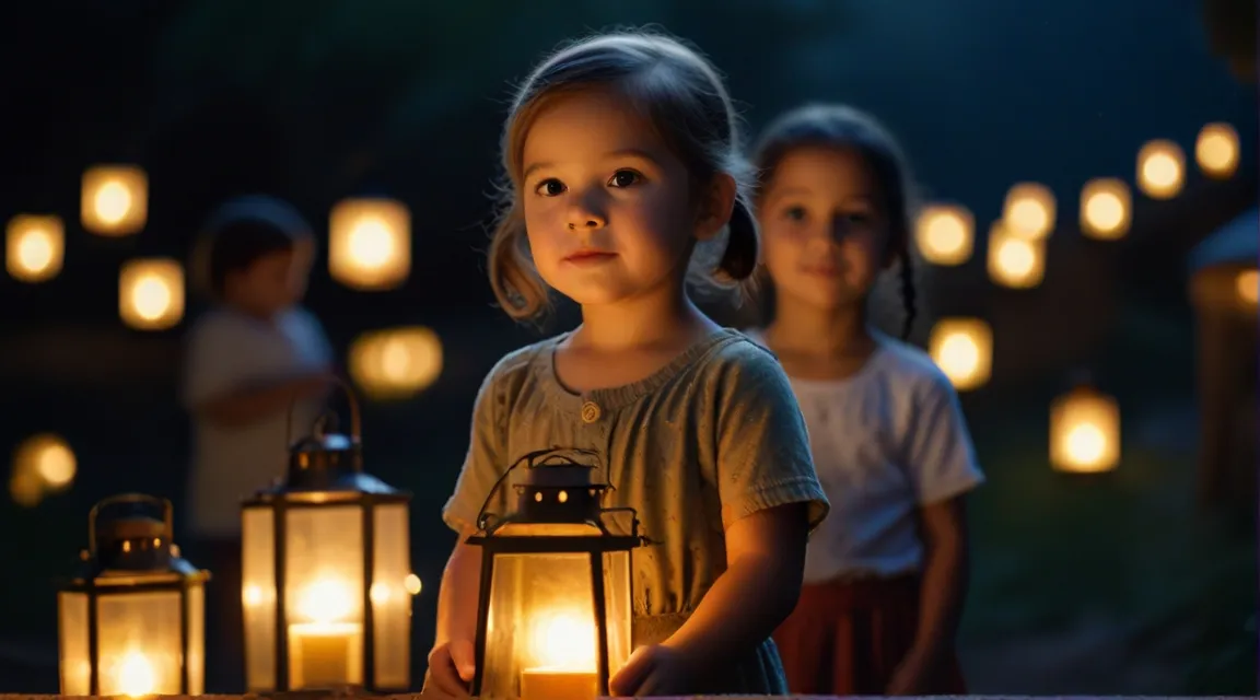 two little girls standing next to each other holding a lantern