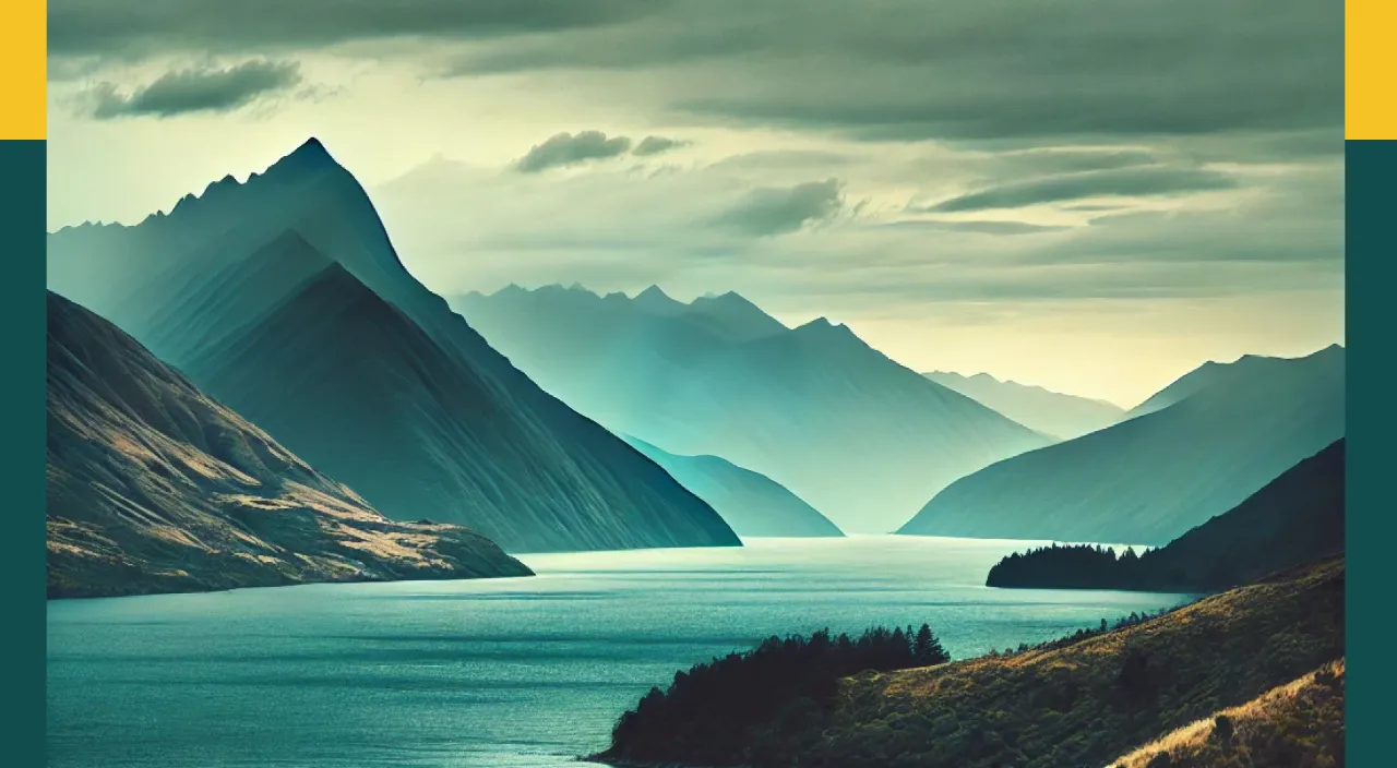 Mountain range and lake at golden hour, warm tones