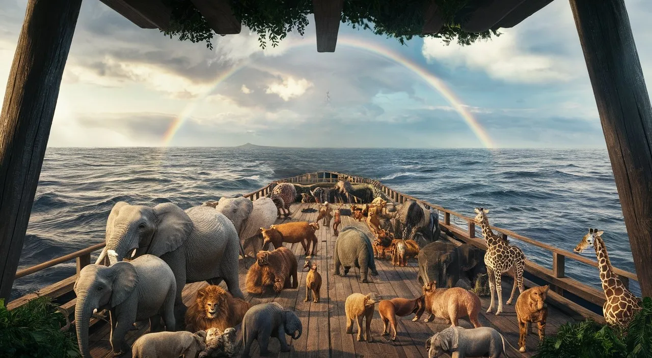 a large group of animals on a boat with a rainbow in the background