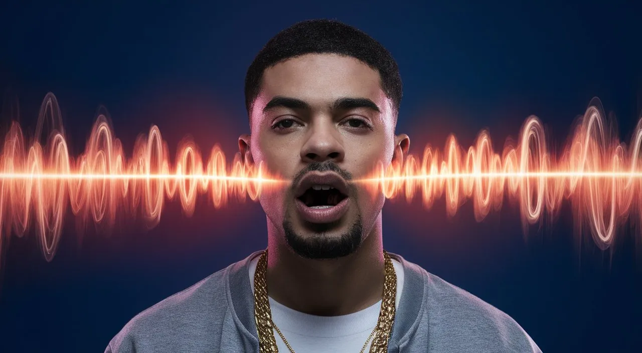 a man with his mouth open in front of a sound wave