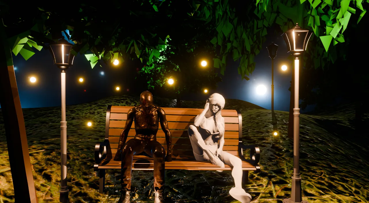 a couple of mannequins sitting on top of a wooden bench