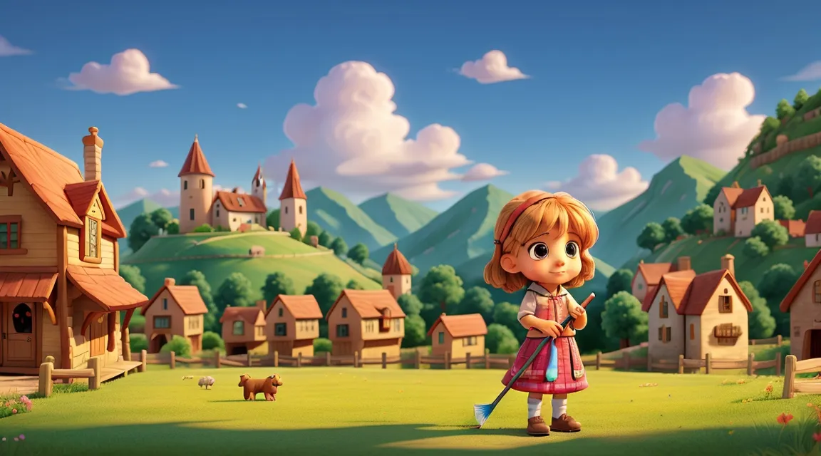 a little girl standing in front of village with his magical glittery paint brush