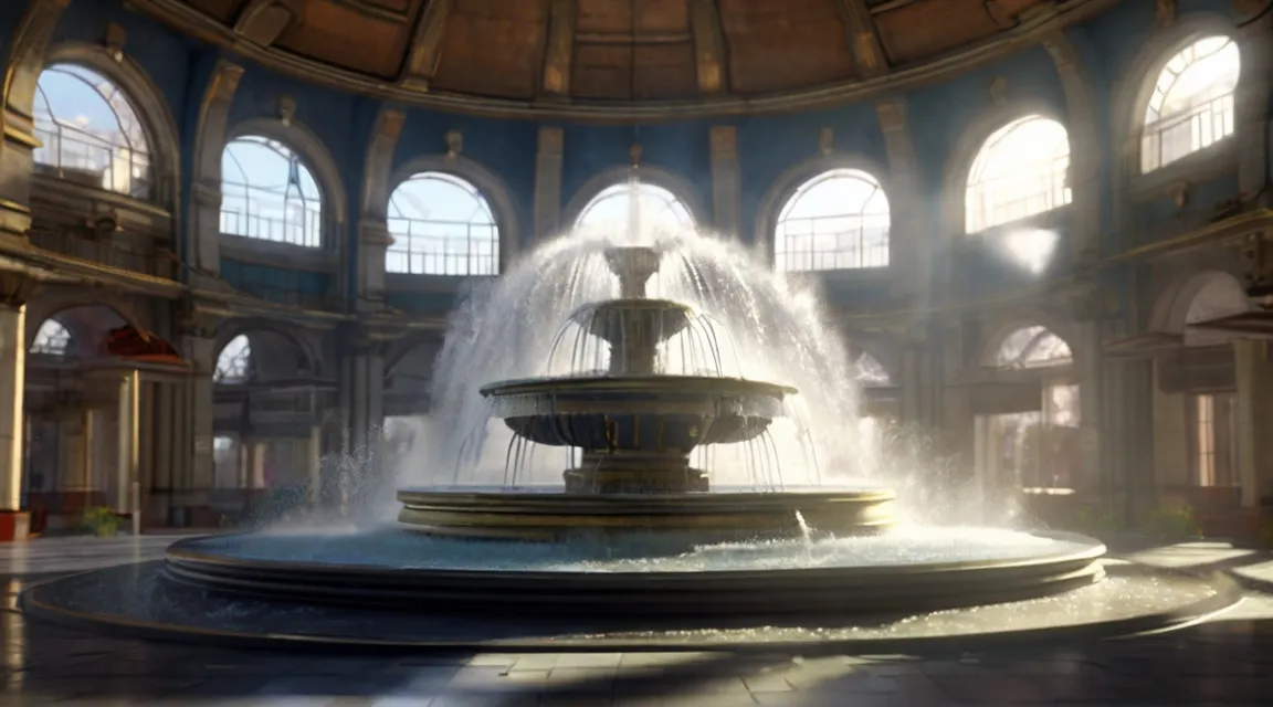 a water fountain in a large building with arched windows