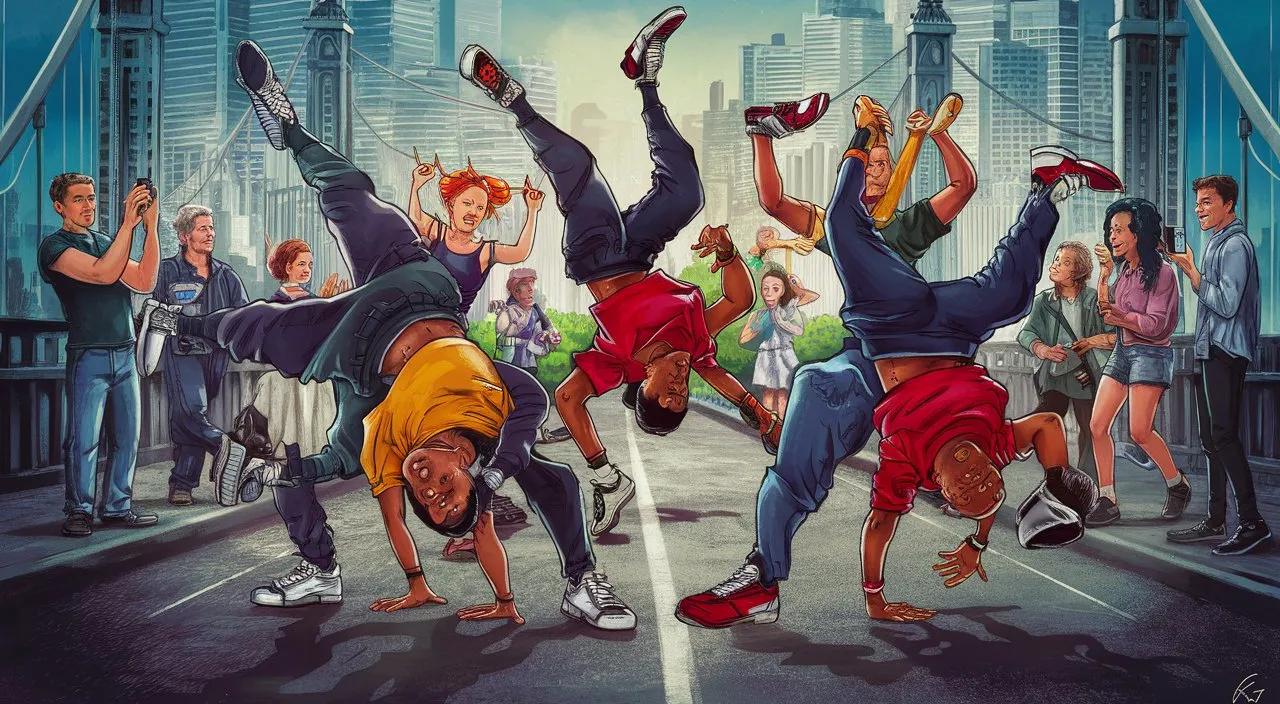 a painting of a group of people doing a handstand