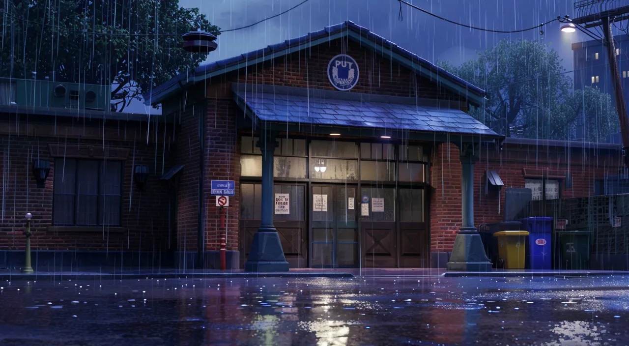 a rain soaked street with a building and a clock