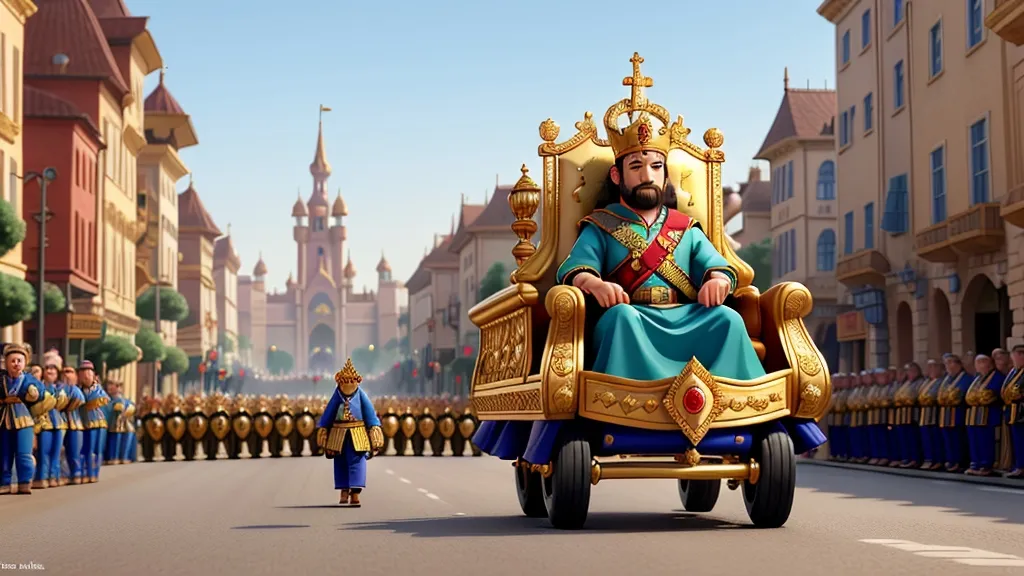 a cartoon of a king riding in a golden throne