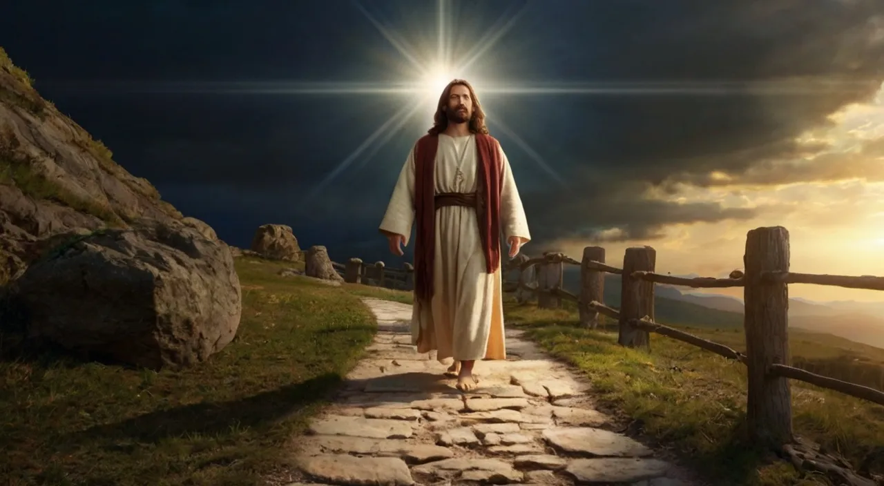 jesus walking down a path towards the sun