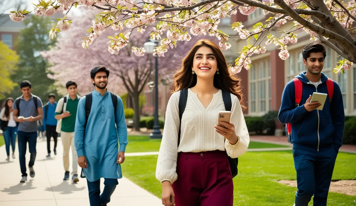 Campus Serenade: On a university campus, a Pakistani girl walking under a blossoming tree, a Bollywood song softly playing from her phone. The 4K wide shot captures students walking by and studying, but her smile and dreamy gaze reveal she is thinking about her boyfriend, who is attending a university in the United States, lost in her own romantic world.