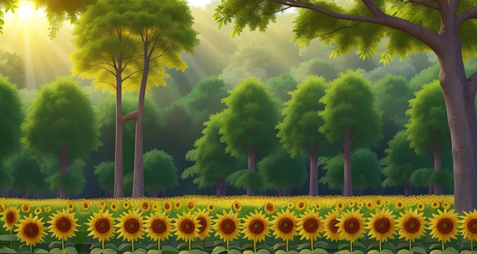 a painting of a sunflower field with trees