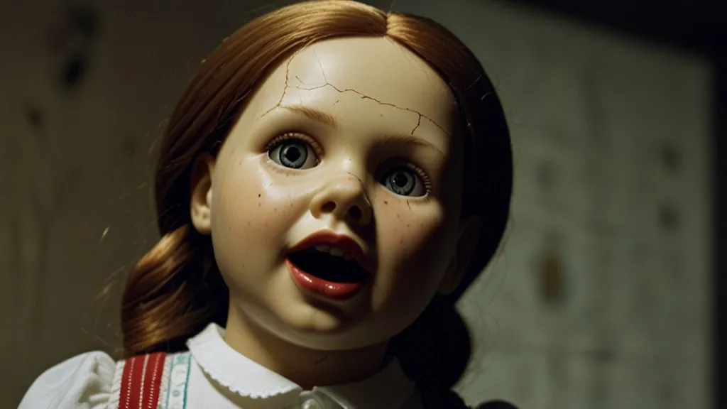 a close up of a doll with a creepy look on its face