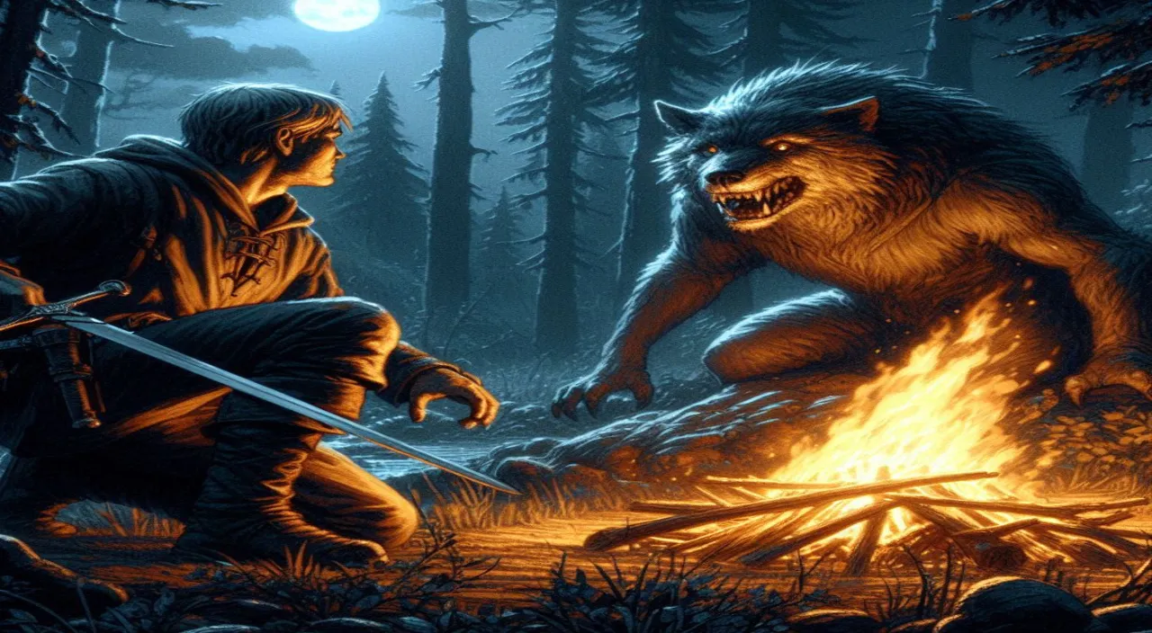 a man and a wolf standing next to a campfire