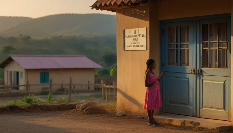 a woman in a pink dress standing in front of a building