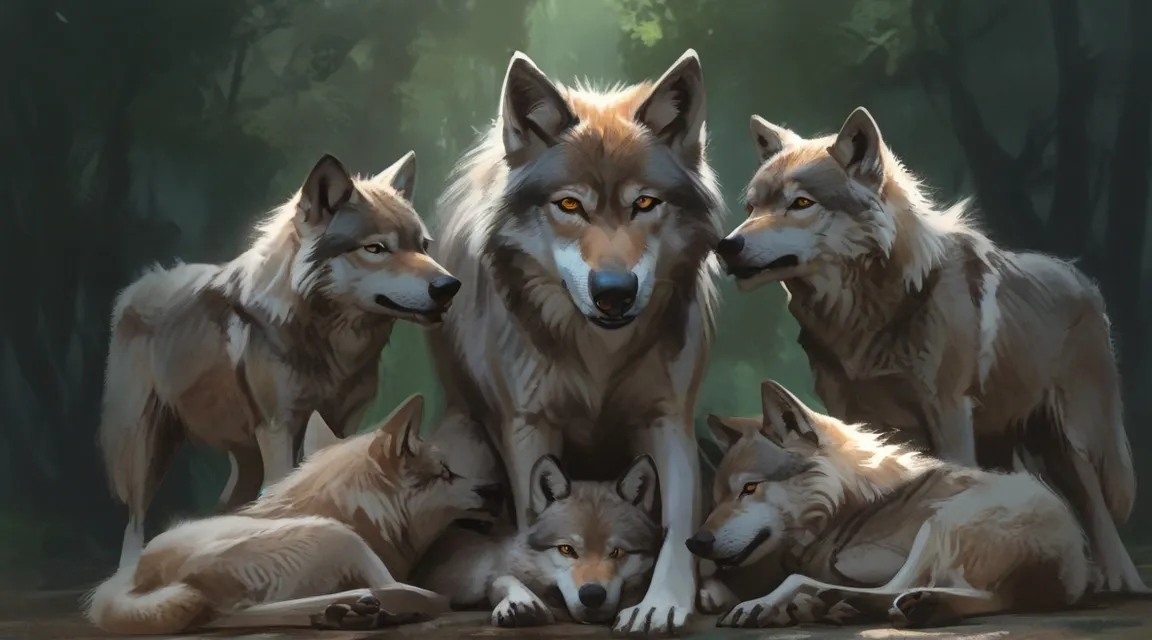 a group of wolfs standing together in a forest, howling