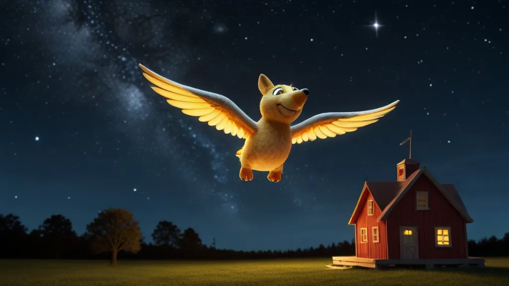 a dog flying over a small red house