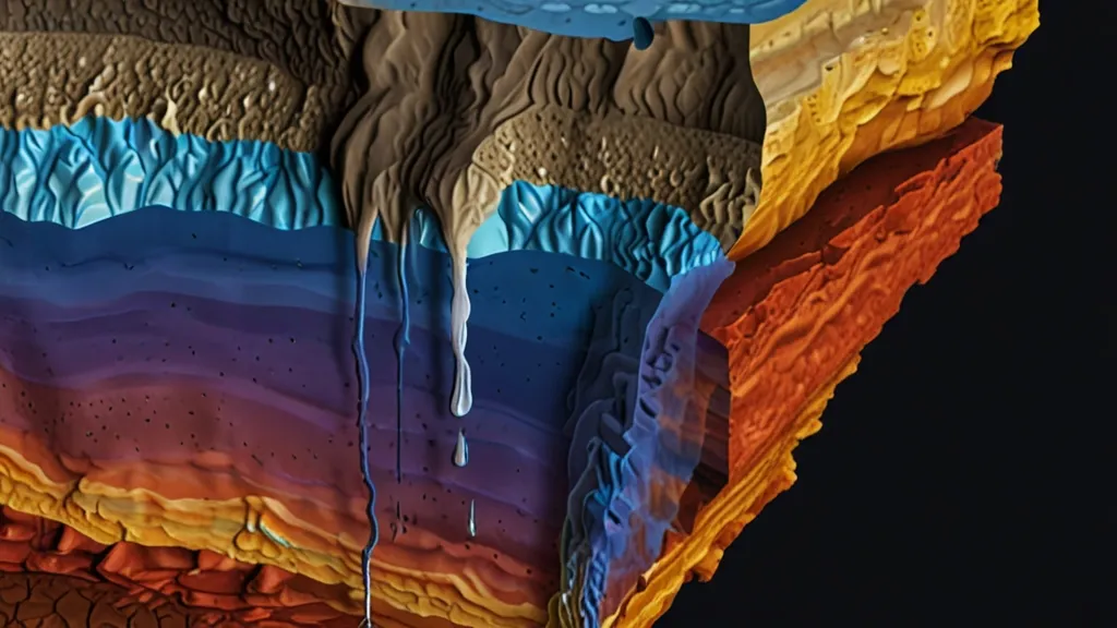 the layers of a mountain with water flowing down them