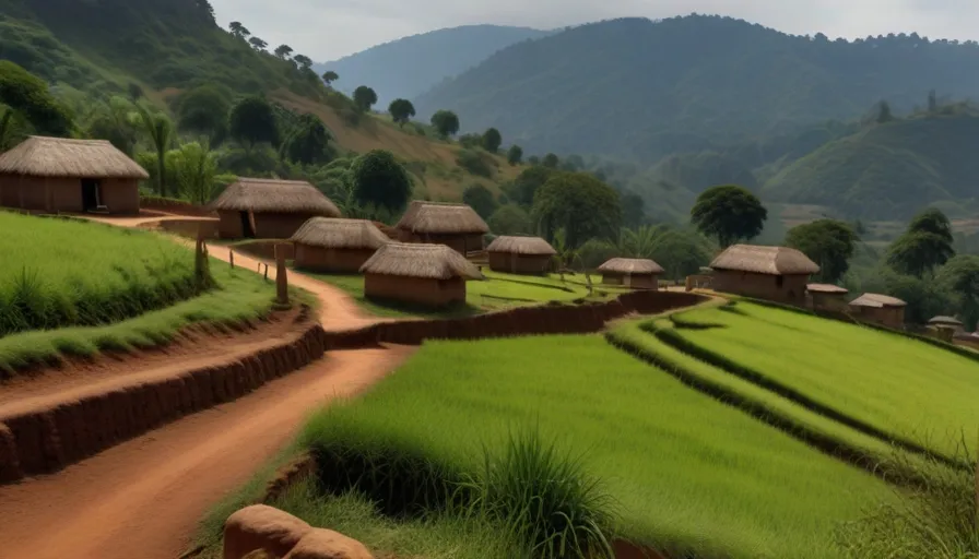 a green field with a dirt road in front of it