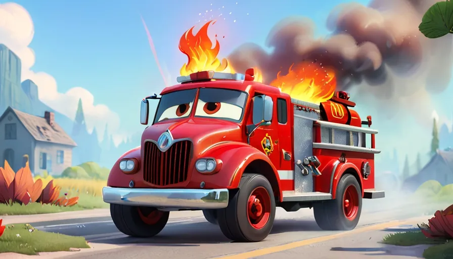 a cartoon fire truck driving down a road