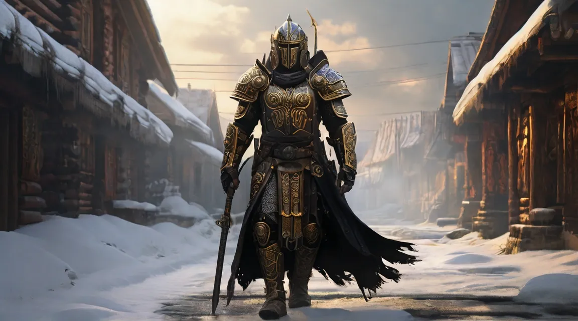 a man in armor walking down a snowy street