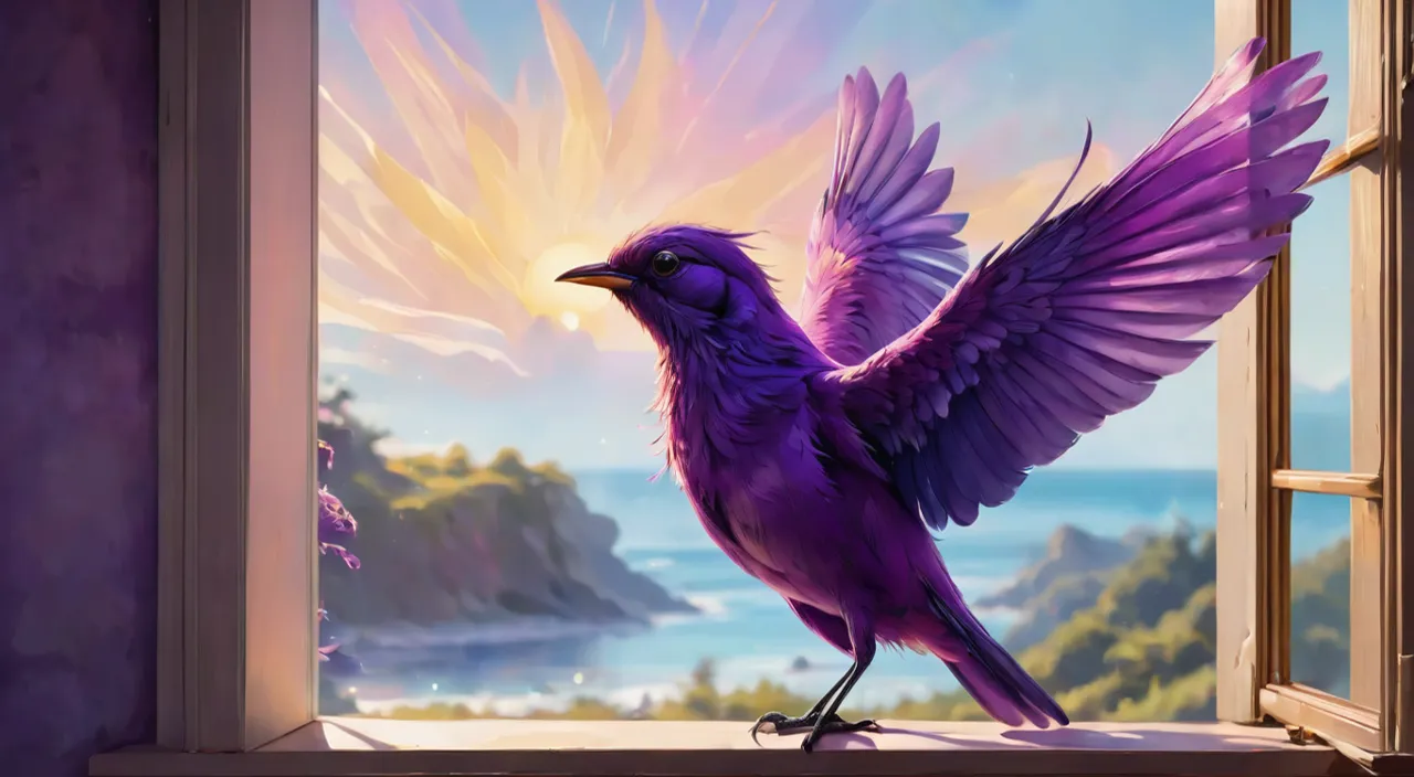 a painting of a purple bird sitting on a window sill