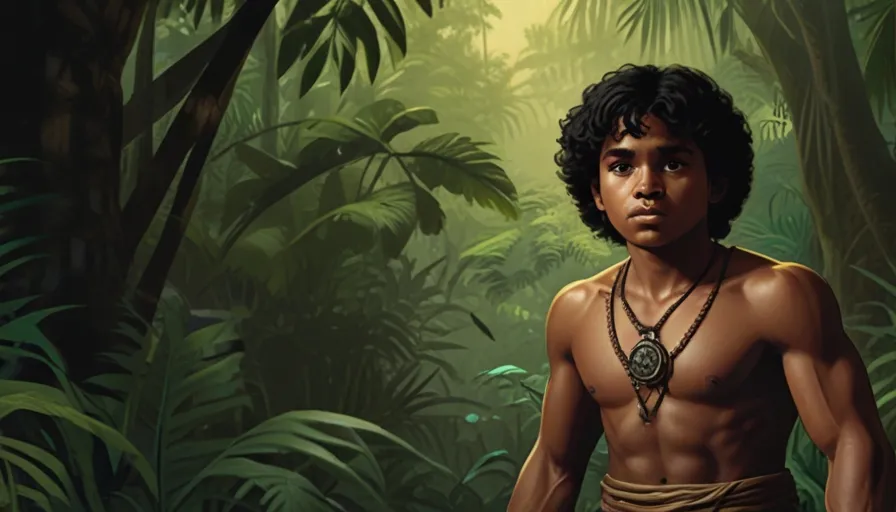 a painting of a young man in a jungle