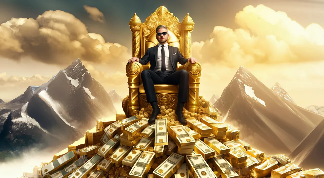 a man sitting on top of a golden throne filled with money