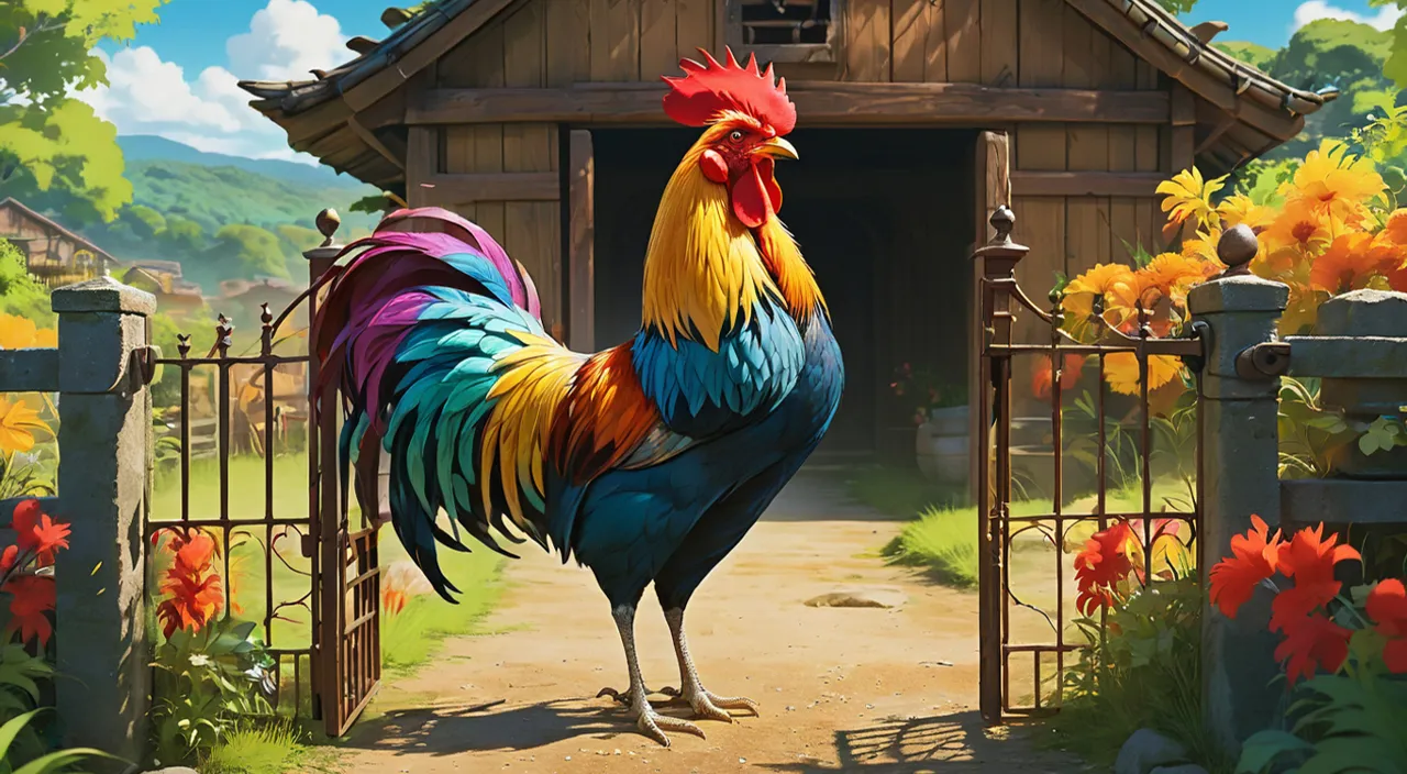 a colorful rooster standing in front of a gate