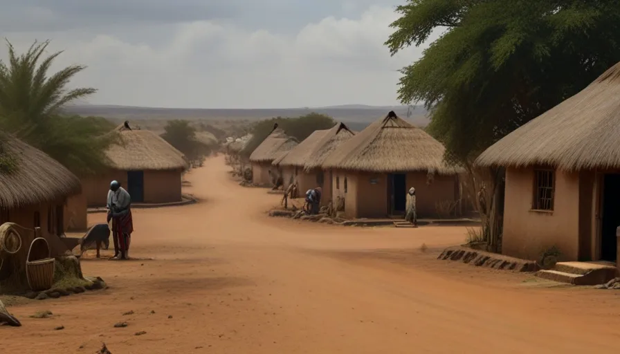 a dirt road with huts and people standing on it