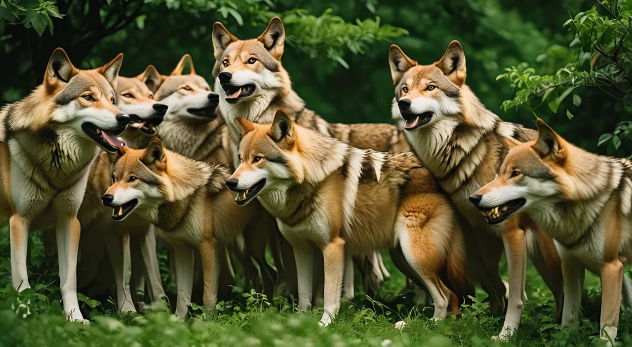 a group of wolfs are standing in the grass